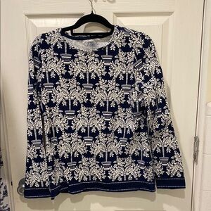 Talbots Blue and White Crew Neck  shirt with Intricate botanical print